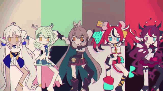 a group of anime characters are standing next to each other with one of them holding a bottle
