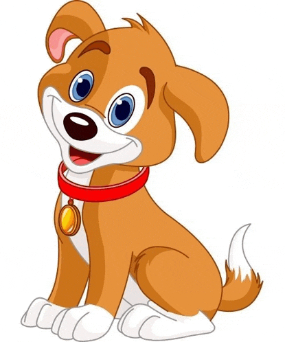 a cartoon dog wearing a red collar with a gold tag