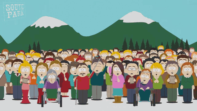 a crowd of people are gathered in front of a sign that says south park