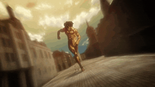 a naked man is running down a brick street in a city .