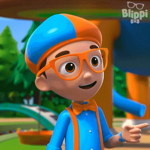 a close up of a cartoon character wearing glasses and a blue and orange hat .