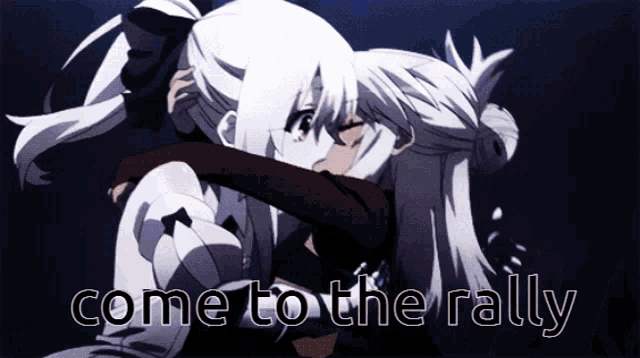 two anime girls hugging each other with the words come to the rally written below them