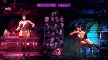 a video game screen shows a woman holding a fan and a woman sitting in a chair