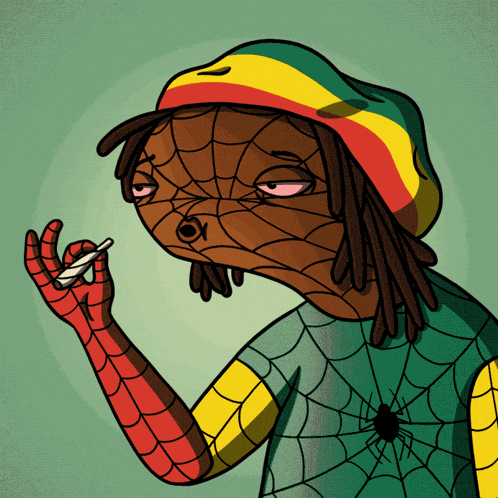 a cartoon of a spider man with dreadlocks and a rasta hat smoking a cigarette