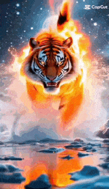 a tiger is surrounded by flames and is flying through the air .