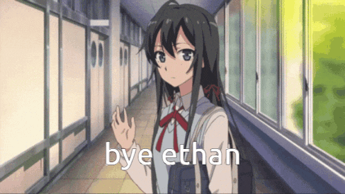a picture of a girl in a hallway with the words bye ethan on the bottom