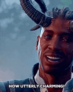 a man with horns on his head is smiling and says `` how utterly charming ! ''