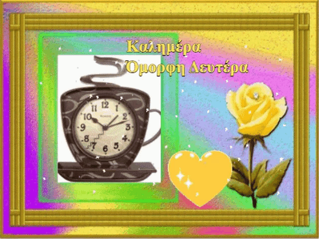 a colorful greeting card with a clock in a cup and a yellow rose says " καλημερα "