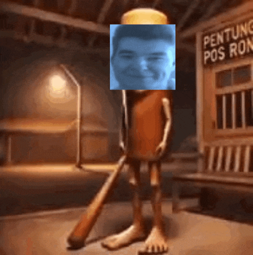 a cartoon character is holding a baseball bat in front of a building with a sign that says pentong pos rok .