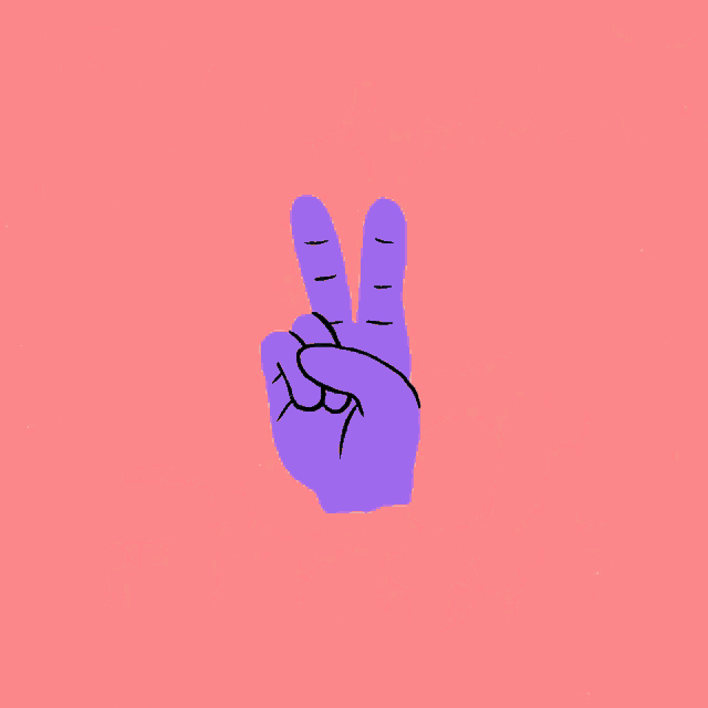 a purple hand giving a peace sign with the word peace below it