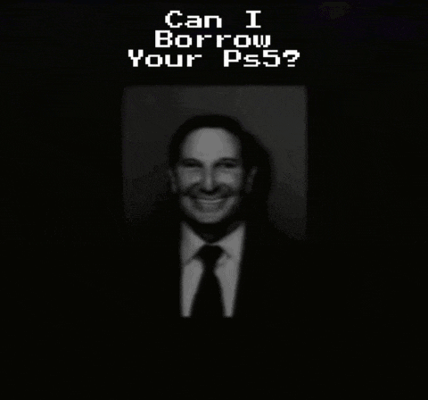 a picture of a man in a suit and tie with the words can i borrow your ps5