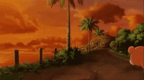 a cartoon bear is walking down a path in front of palm trees