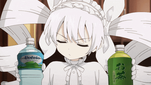 a girl with white hair is holding a bottle of volpio