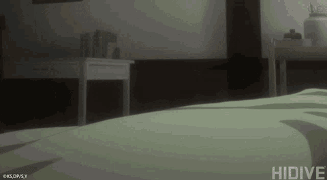a person is laying on a bed in a dark room with a green blanket .