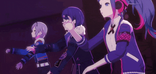 three anime girls are dancing in a dark room