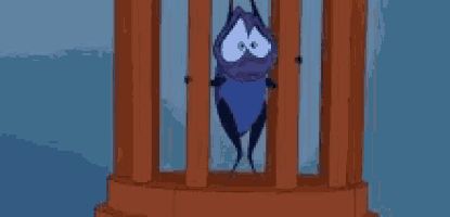 a cartoon bug is hanging from the bars of a cage .