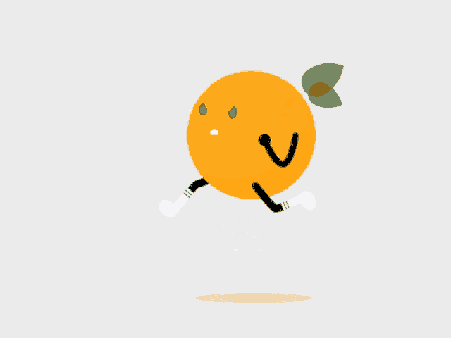 a cartoon illustration of an orange running with a green leaf