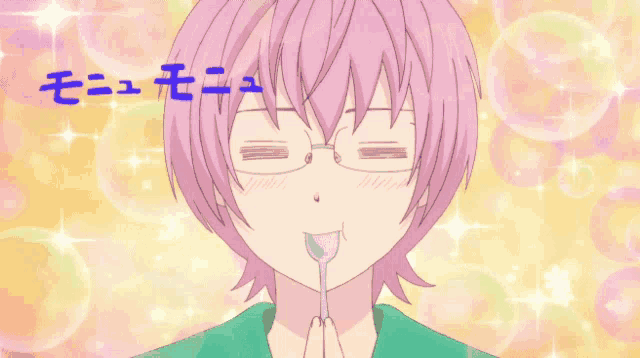 a girl with pink hair holding a spoon in her mouth