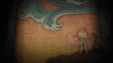 a drawing of a man standing in front of a painting of a wave