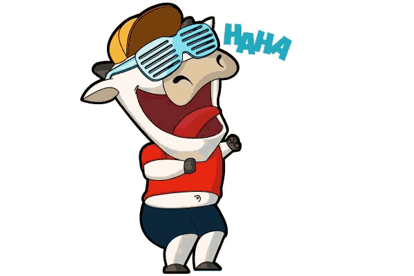 a cartoon drawing of a cow wearing sunglasses and a hat with the word haha above it