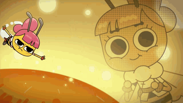 a cartoon drawing of a bee girl with a pink bow on her head