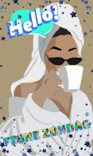 a woman with a towel wrapped around her head drinking from a cup with the words hello written above her