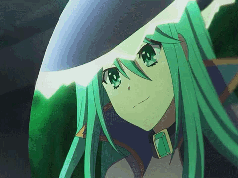 a close up of a green haired anime girl