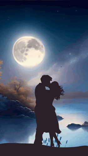 a silhouette of a man and woman kissing in front of a full moon