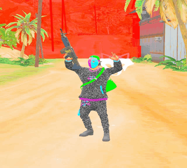 a person holding a gun in front of a building