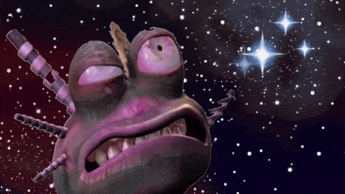 a cartoon character with a purple eye and a purple mouth