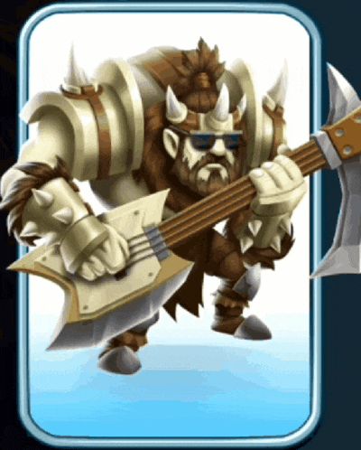 a cartoon character with horns is holding a guitar and an axe