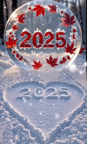 a heart in the snow with the year 2025 written in red letters