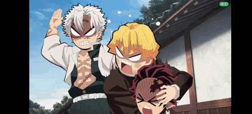 a group of anime characters are standing in front of a building with a green arrow pointing to the right