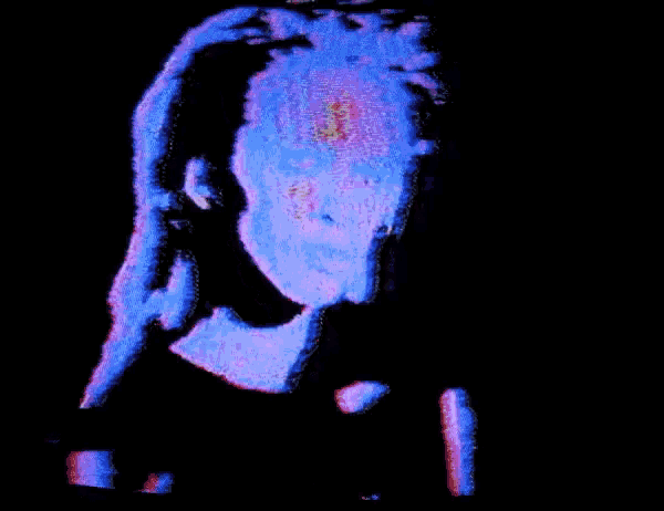 a purple and blue image of a person with the letter a on the bottom