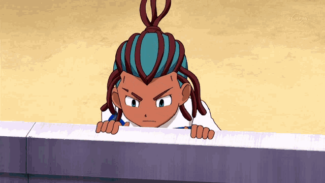a cartoon character with dreadlocks is looking over a wall with the letters tokyo on the bottom