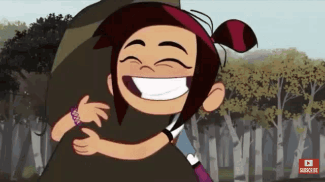 a cartoon of a girl hugging another girl with a subscribe button below her