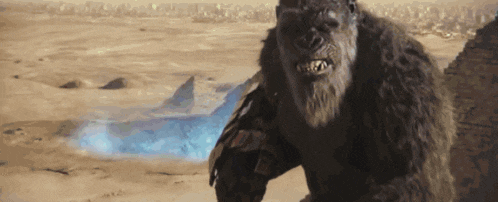 a gorilla with a beard is standing in the desert with a shark in the background .