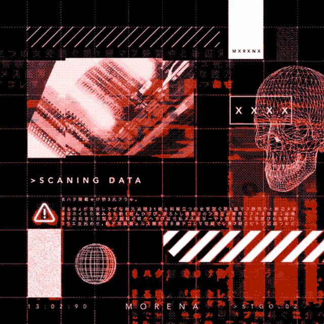 a scanning data poster with a skull in the middle