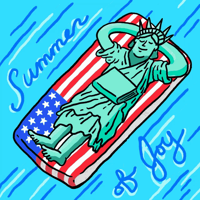 a statue of liberty is laying on an american flag float with the words summer of joy below it