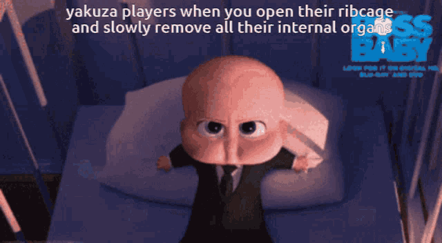a baby in a suit and tie is crying with a boss baby poster in the background