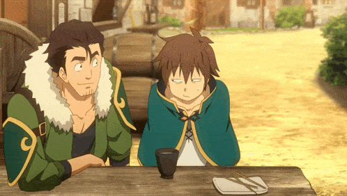 two anime characters are sitting at a table and one has the letter c on his chest