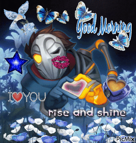 a good morning greeting card with a robot holding a heart and a cup of coffee