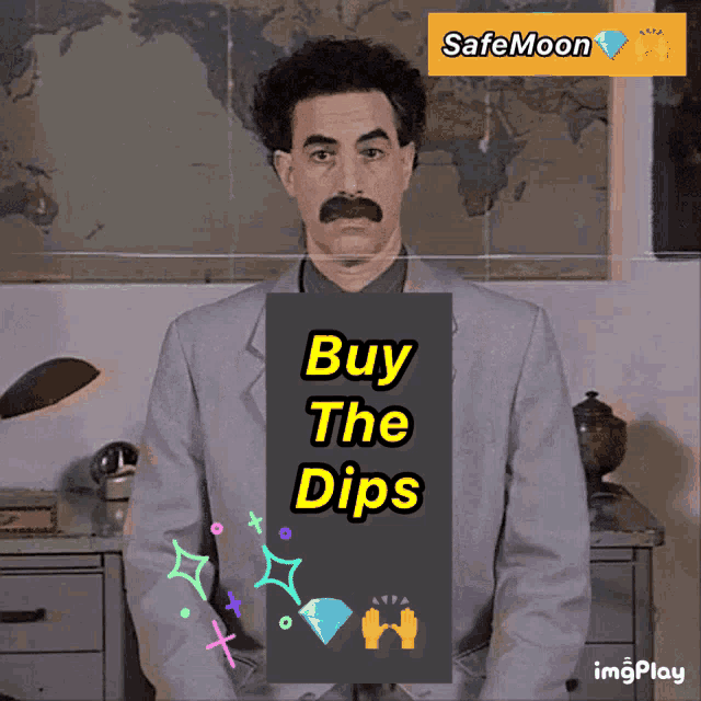 a man in a suit is holding a sign that says " buy the dips "