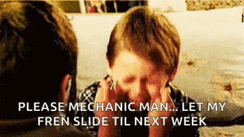 a young boy is covering his face with his hands while a man says please mechanic man let my fren slide til next week .