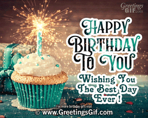 a birthday card with a cupcake with a lit candle and the words happy birthday to you wishing you the best day ever