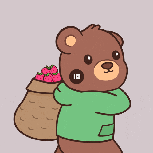 a teddy bear carrying a basket of strawberries has a youtube logo on its face
