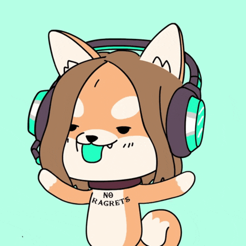 a cartoon dog wearing headphones has a shirt that says no regrets