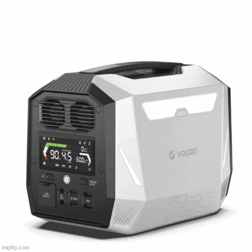a white and black device that says volcan on the front