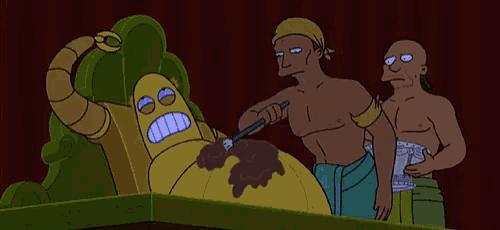 a cartoon of a man holding a knife next to a robot