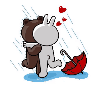 a brown bear and a white rabbit are hugging in the rain .